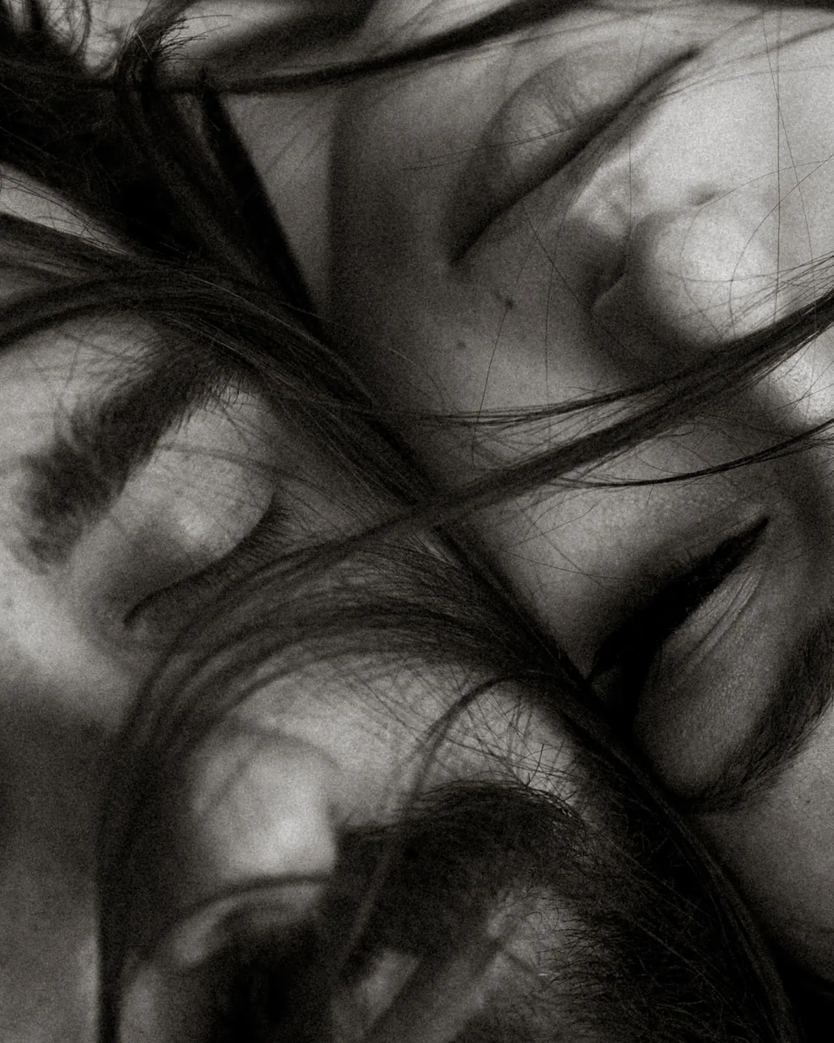 Retrato en blanco y negro con la melena sobre el rostro